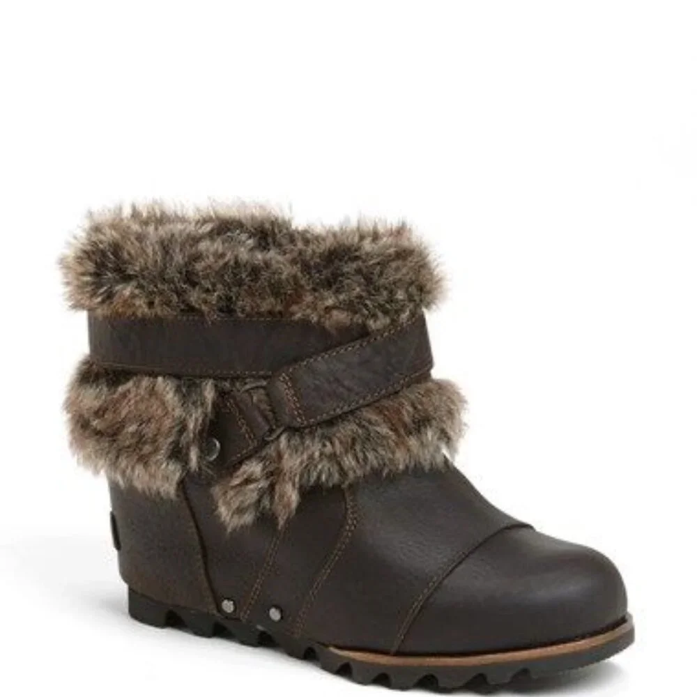 Sorel Women's Black Joan Of Arctic Wedge Fur Leather Ankle Winter Boots Size 6.5